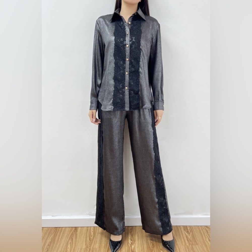 Metallic Black Wide Leg Pants & Shirt Set NWOT